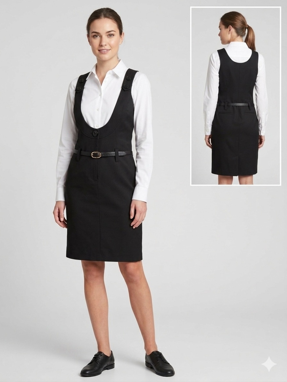 Vtg Style Black Pinafore Jumper Dress Scoop‎ Neck Belted Overall Dress Bodycon